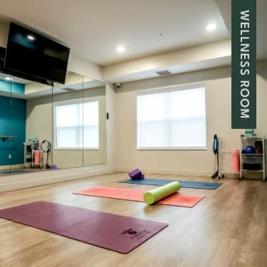 A wellness room with exercise mats and a television.