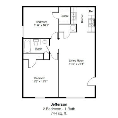 2D Floor Plan Image for 2 bed, 1 bath apartment at Jefferson Park in Liberty