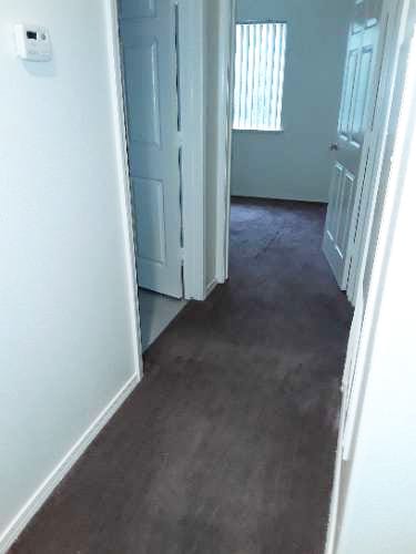 Image of carpeted hallway, and two doors to bathroom and bedroom