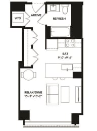 Studio 1 Bath Floor Plan with 466 Sq. Ft. at The Elle Apartments, Chicago, 60605