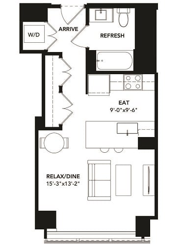 Studio 1 Bath Floor Plan with 466 Sq. Ft. at The Elle Apartments, Chicago, 60605