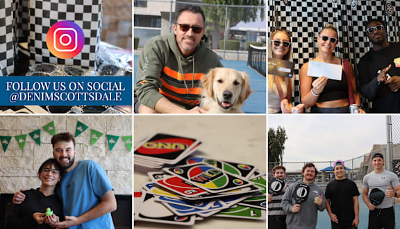 A collage of photos with a dog, people, and a checkered flag.