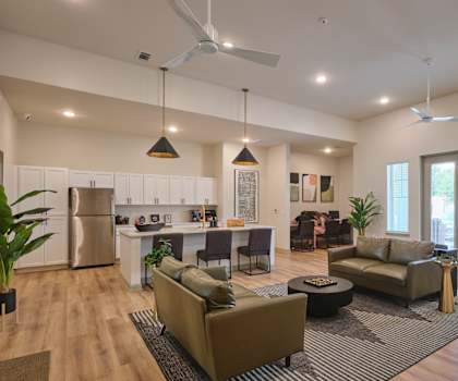 A modern living room with a kitchen area in the background.