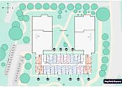 Thumbnail 2 of 15 - A map shows a layout of a residential area with two courtyards and a street running through it.