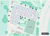 Thumbnail 13 of 15 - A map shows a grid of buildings with a visitor center, courtyard, and hayfield hall.