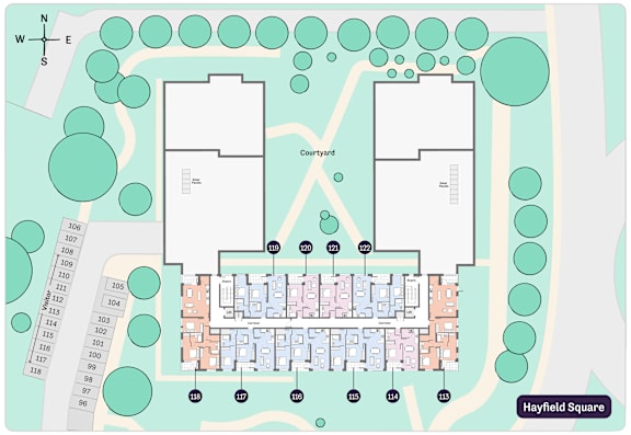 A map shows a layout of a residential area with two courtyards and a street running through it.