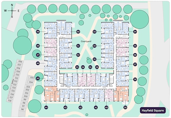A map of a residential area with a courtyard and Hayfield Square.