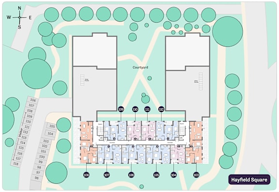 A map shows a layout of a residential area with two courtyards and a grid of streets.