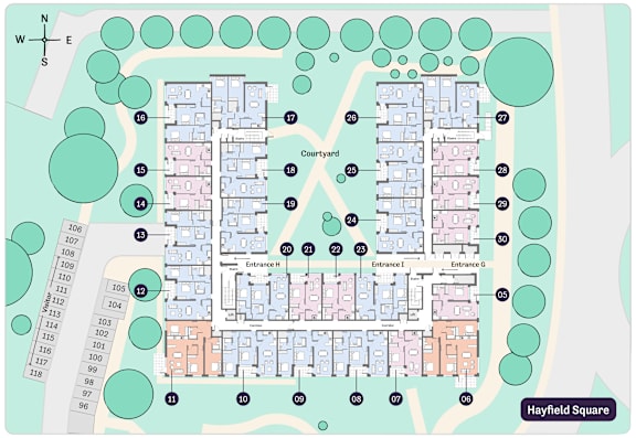 A map of a residential area with a courtyard, entrances, and numbered plots.