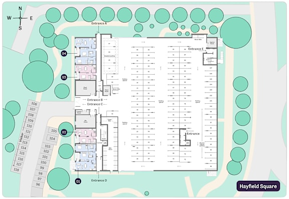 A map showing the layout of a building with four entrances and a table of contents.