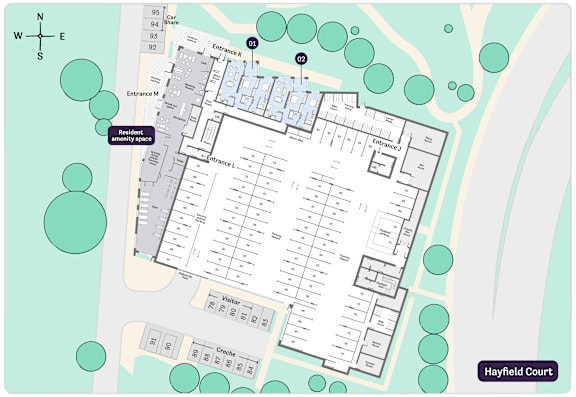A map shows the layout of a building with labeled rooms and areas such as "Residential Spa" and "Visitor."