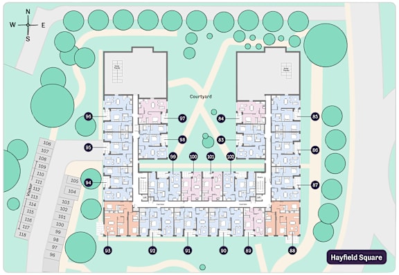 A map of a residential area with a grid of houses numbered from 96 to 118.