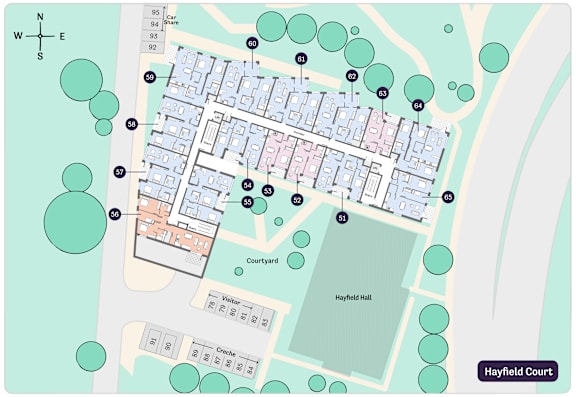 A map of Hayfield Court with a compass rose in the upper left corner.