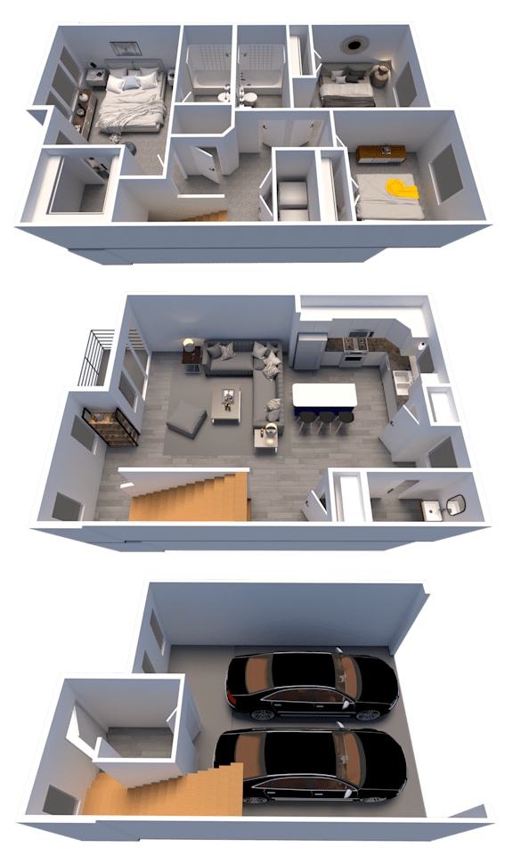 a 3d rendering of a house and a floor plan with a car