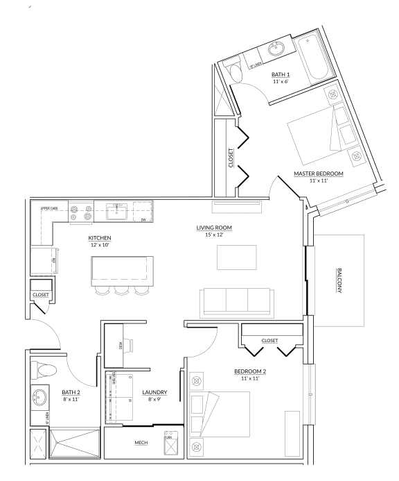 Tuxedo Style A - 2 bed, 2 bath apartment floor plan