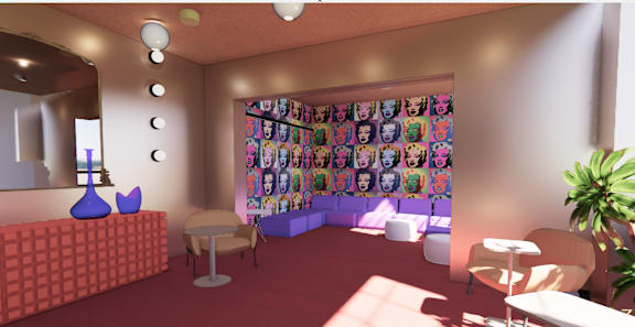 A room with a pink carpet and a wall with a poster of cartoon characters. at University Commons in Pittsburgh, PA