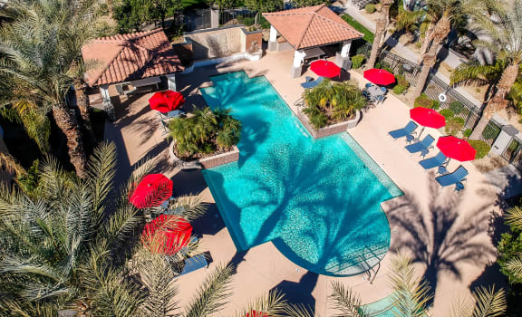 Aerial view of pool and lounge seating