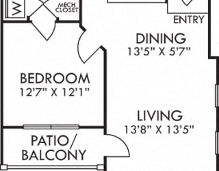 Barclay. 1 bedroom apartment. Kitchen with bartop open to living/dinning rooms. 1 full bathroom. Walk-in closet. Patio/balcony.