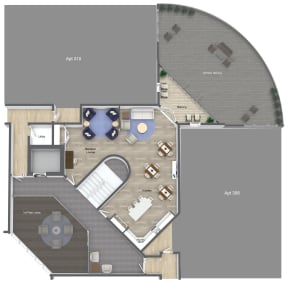 Third floor lounge with kitchen and balcony