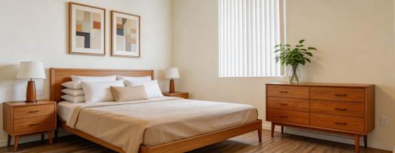 A bedroom with a bed, nightstands, and a plant.