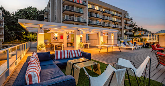 Sunset roof with building behind at The Summit at Lake Union, Washington, 98109