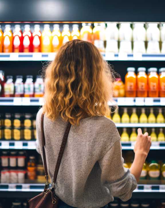 A woman is shopping for drinks in a store.