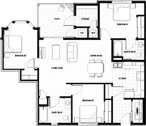 Floor Plan 3 bed 2 bath 1087 sf