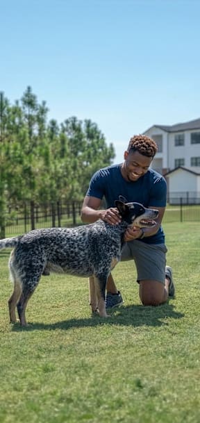 A man is playing with a dog in a grassy area.