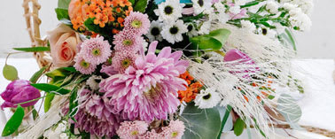 A bouquet of flowers with a mix of pink, orange, white, and purple blooms.