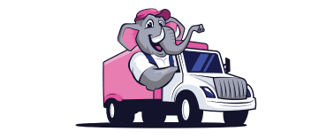 A cartoon elephant is driving a pink car.