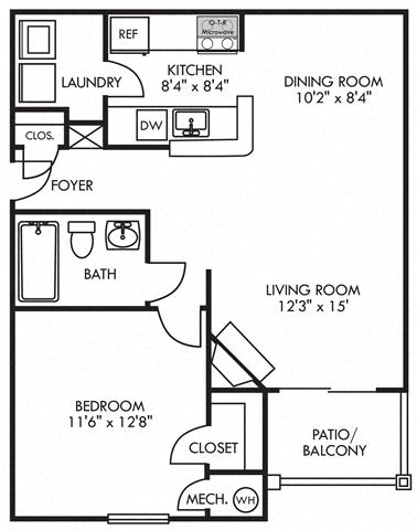 Abby. 1 bedroom apartment. Kitchen with bartop open to living/dinning rooms. Fire place. 1 full bathroom. Walk-in closet. Patio/balcony.
