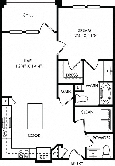 The Harris. 1 bedroom apartment. Kitchen with island open to living room. 1 full bathroom + powder room. Walk-in closet. Patio/balcony.