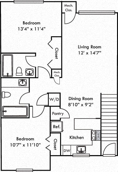 The Linden. 2 bedroom apartment with 1st floor entry. Kitchen with bartop open to living/dinning room. 2 full bathroom. large closets. Patio/balcony.