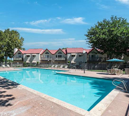 our apartments have a swimming pool with trees