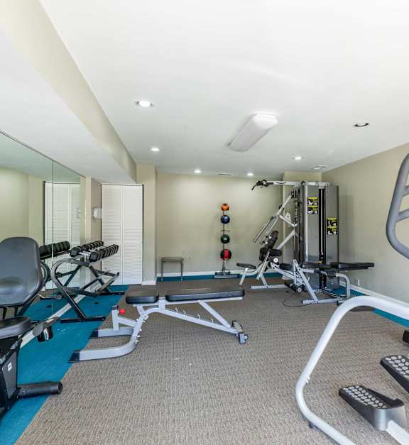 A gym with treadmills, exercise bikes, and a television at The Vistas, Macon, Georgia