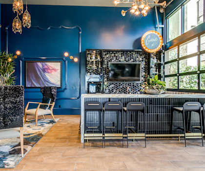 A blue room with a bar and chairs.
