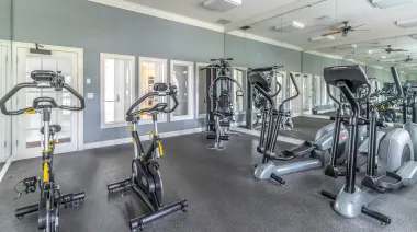 A gym with a variety of exercise bikes and elliptical machines. at The Villages on Millenia Apartments, Orlando, FL, 32839