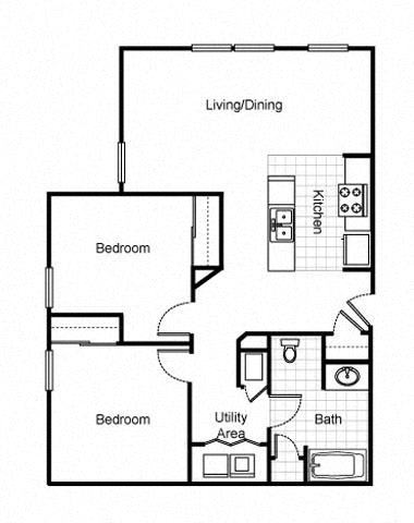 2 bedroom 1 bath 2D floorplan, Jazz District Apartments, Kansas City, MO