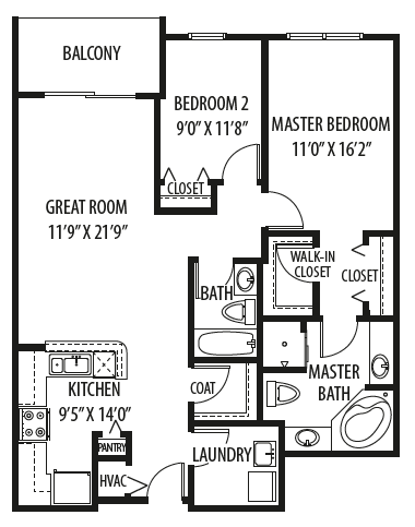 Two Bed Two Bath Floor Plan Two Bed Two Bath, 1,351 Sq.Ft. Floor Plan at Two Itasca Place, Itasca