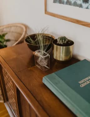 a table with a plant in a glass vase and a book on top of it