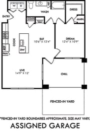 The Tyler with fenced in yard and assigned garage. 1 bedroom apartment. Kitchen with island open to living/dinning rooms. 1 full bathroom. Walk-in closet. Patio/balcony.