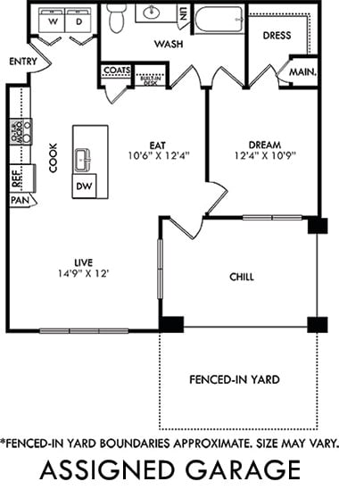 The Tyler with fenced in yard and assigned garage. 1 bedroom apartment. Kitchen with island open to living/dinning rooms. 1 full bathroom. Walk-in closet. Patio/balcony.