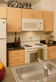 A kitchen with a stove, sink, and refrigerator.