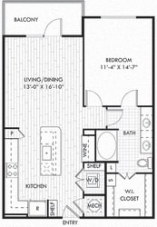 The Ware. 1 bedroom apartment. Kitchen with bartop open to living/dinning rooms. 1 full bathroom double vanity. Walk-in closet. Patio/balcony.