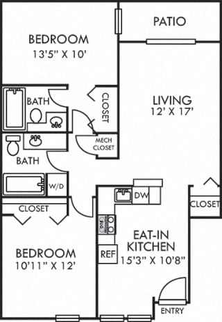 The Forsythia forsythia 2 bedroom apartment. eat-in kitchen with bartop peninsula island. open to living room. 2 full baths. in-unit laundry. patio.
