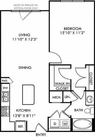 Strait. 1 bedroom apartment. Kitchen with island open to living/dinning rooms. 1 full bathroom. Walk-in closet.