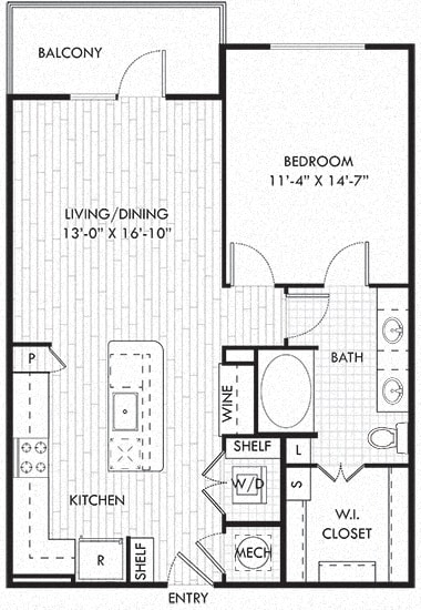 The Ware. 1 bedroom apartment. Kitchen with bartop open to living/dinning rooms. 1 full bathroom double vanity. Walk-in closet. Patio/balcony.