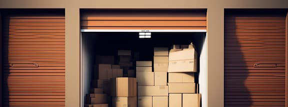 A storage unit with boxes piled up in the doorway.