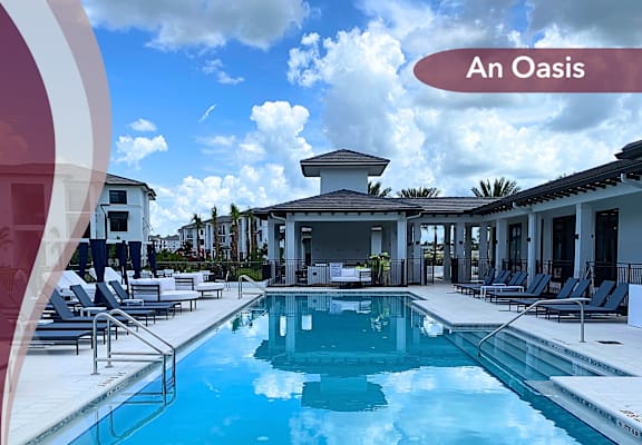 an oasis pool in front of a building with chairs and a resort pool