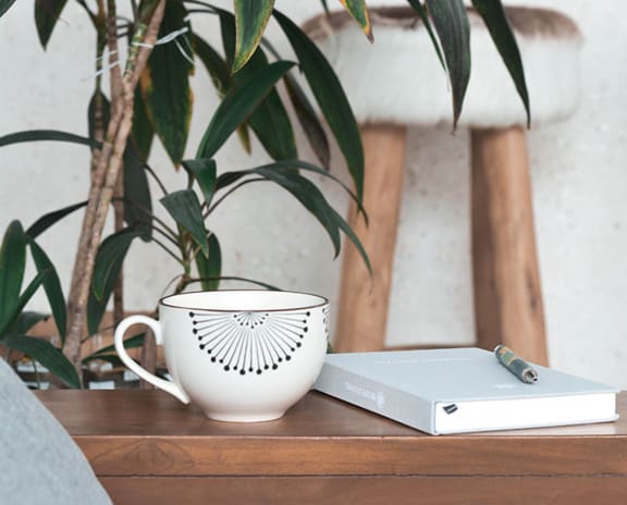 Mug resting on brown table. Green plant behind the mug and table